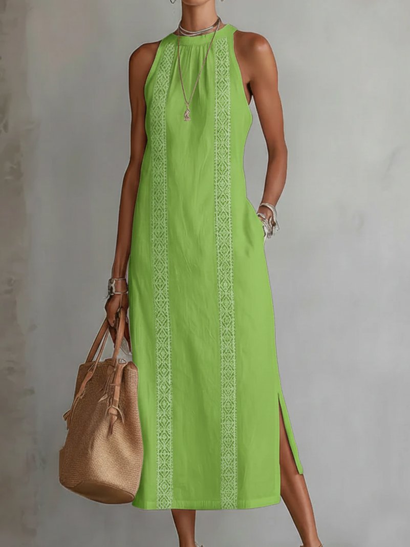Ava | Women's Embroidered Sleeveless Round-Neck Midi Dress