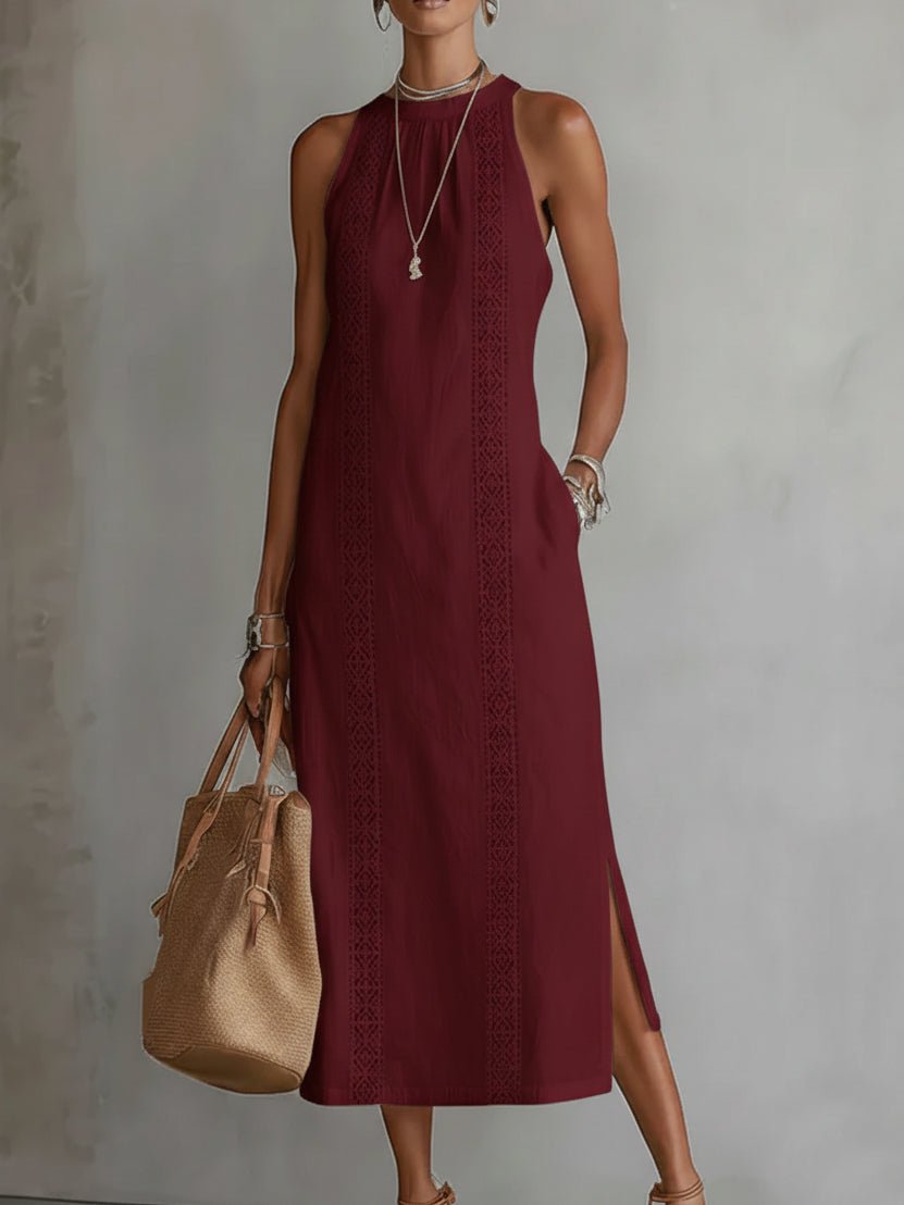 Ava | Women's Embroidered Sleeveless Round-Neck Midi Dress