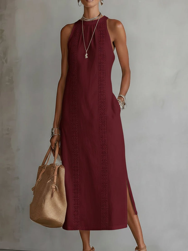 Ava | Women's Embroidered Sleeveless Round-Neck Midi Dress