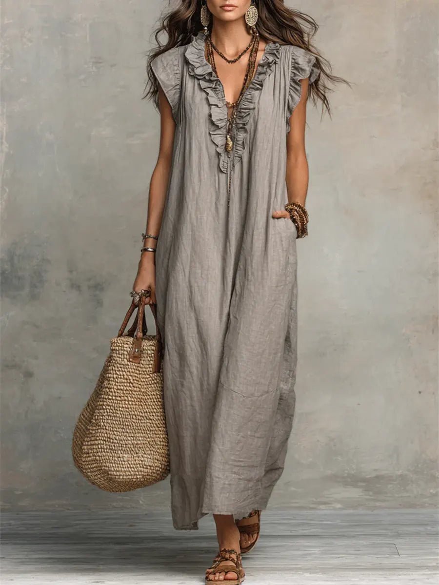 Sophie | Women's Ruffle V-Neck Flutter Sleeve Linen Maxi Dress