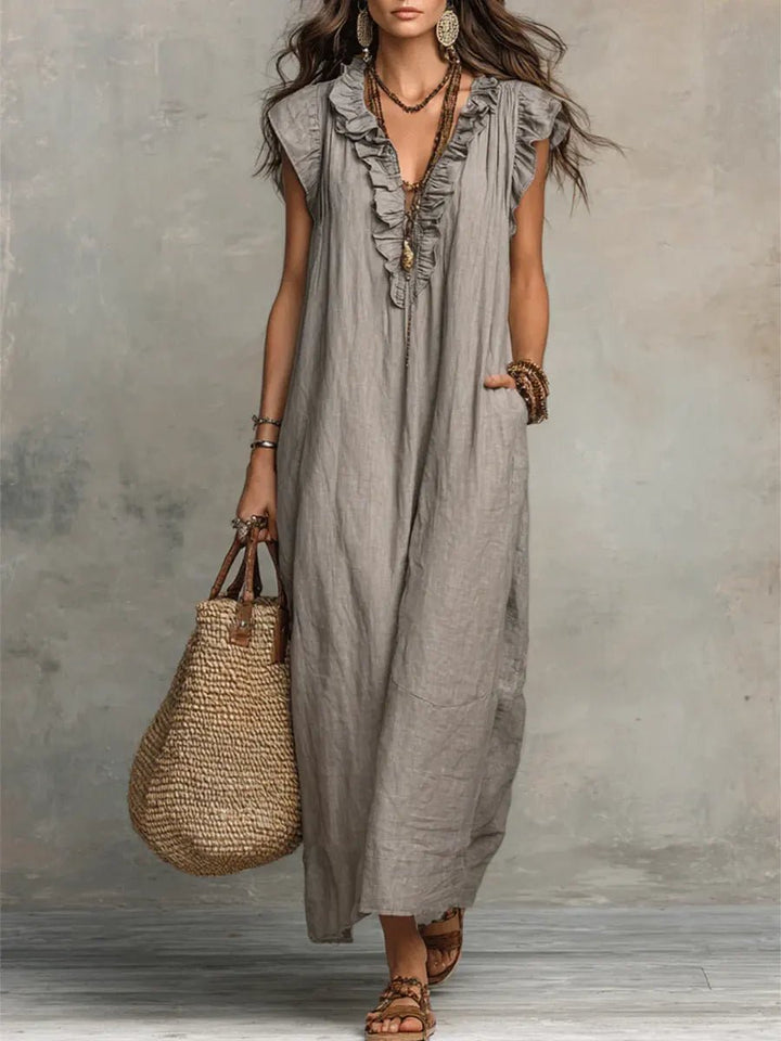 Sophie | Women's Ruffle V-Neck Flutter Sleeve Linen Maxi Dress