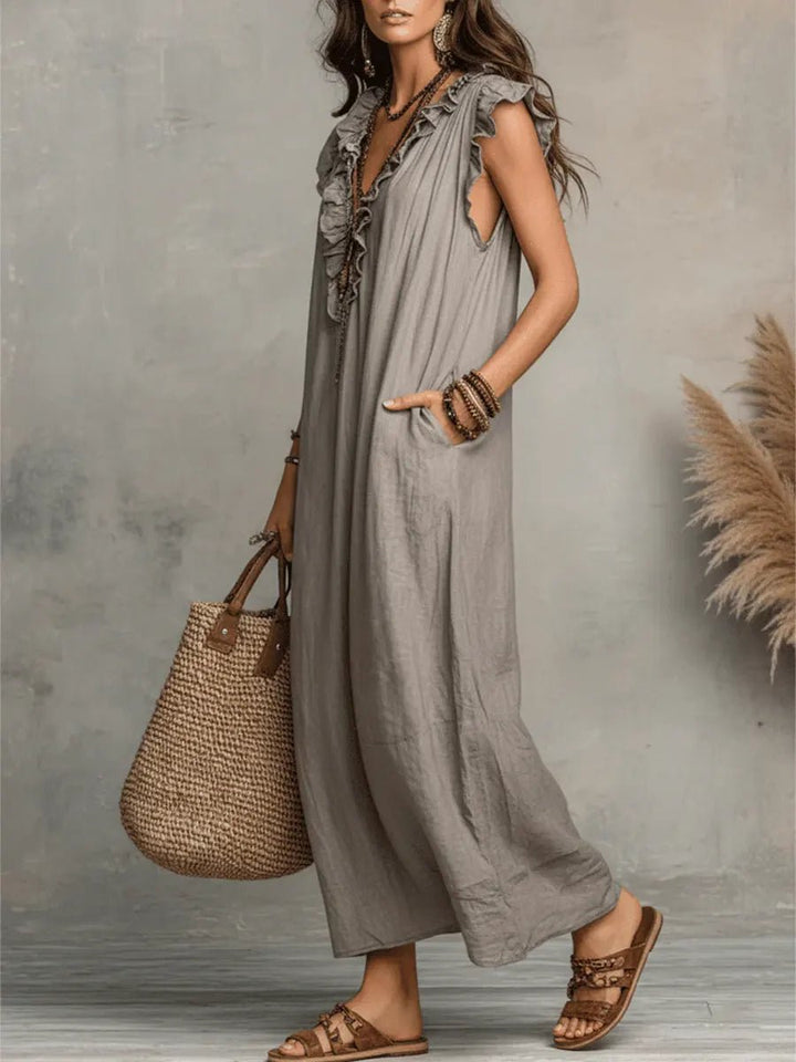 Sophie | Women's Ruffle V-Neck Flutter Sleeve Linen Maxi Dress