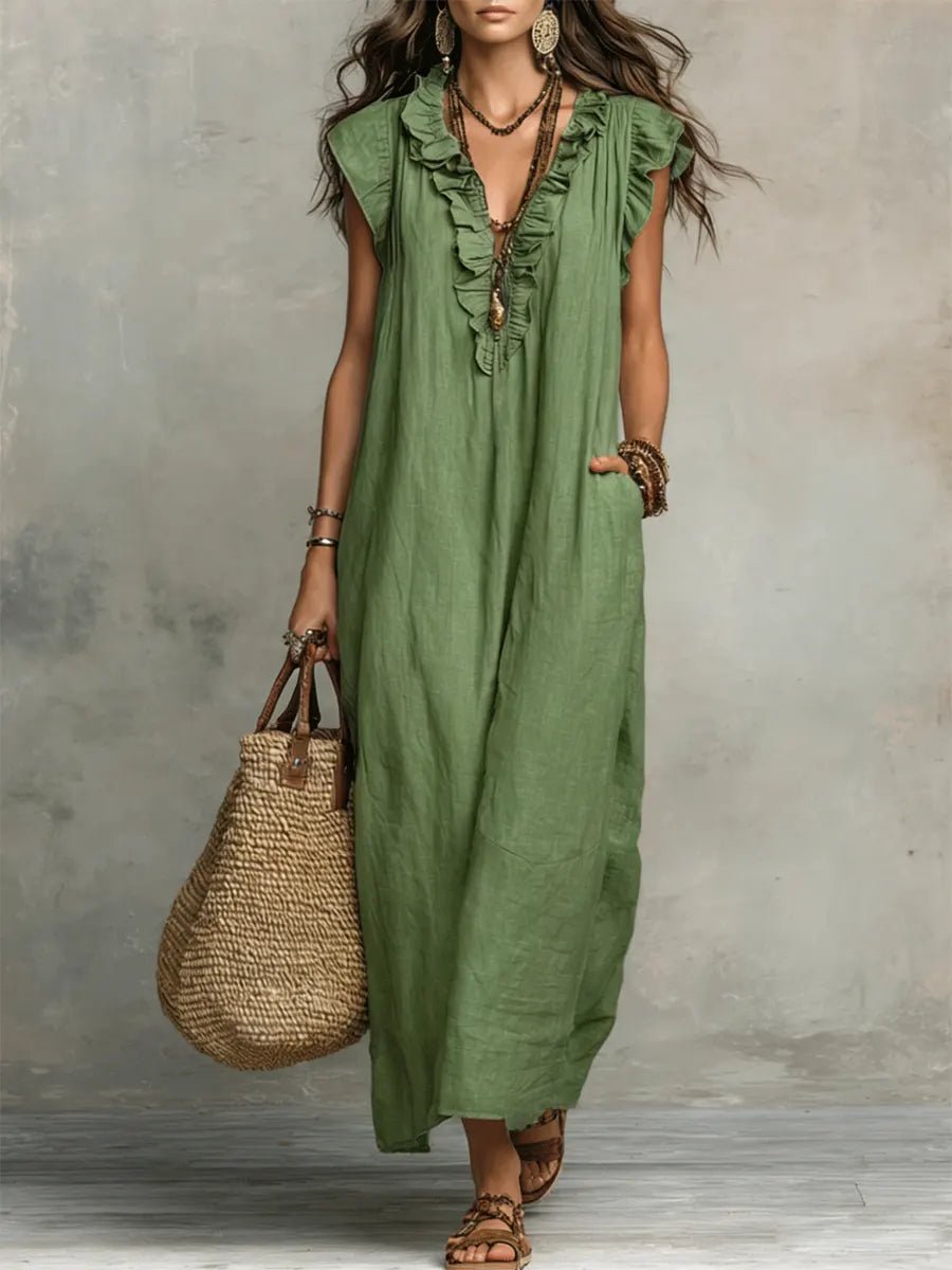 Sophie | Women's Ruffle V-Neck Flutter Sleeve Linen Maxi Dress