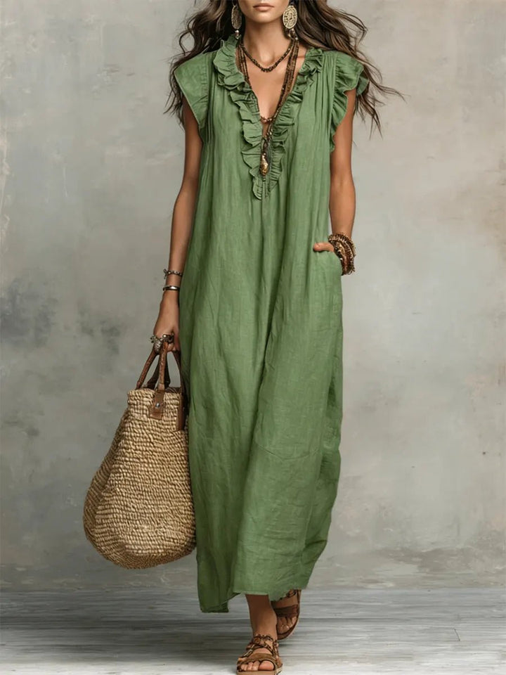 Sophie | Women's Ruffle V-Neck Flutter Sleeve Linen Maxi Dress