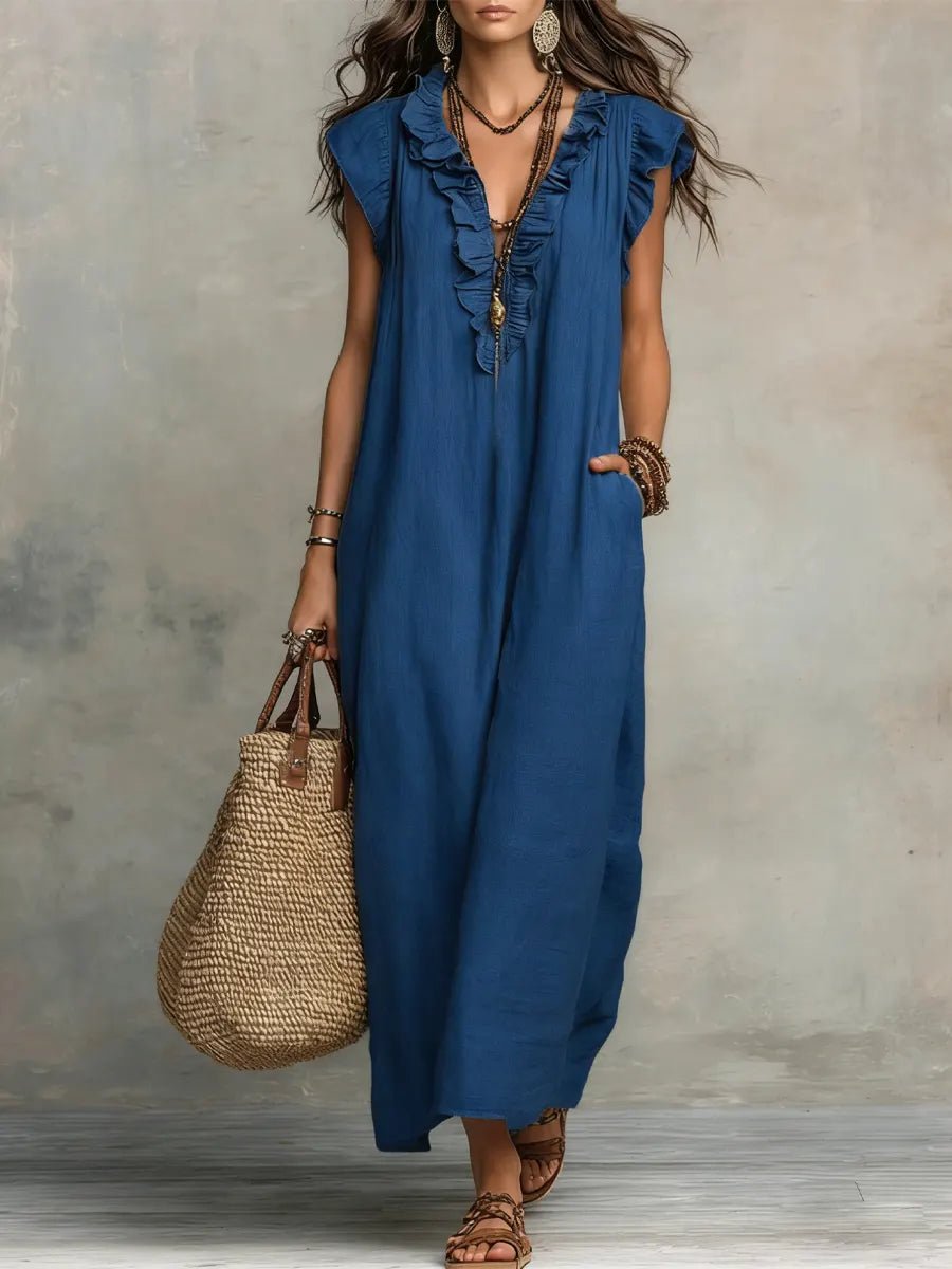Sophie | Women's Ruffle V-Neck Flutter Sleeve Linen Maxi Dress