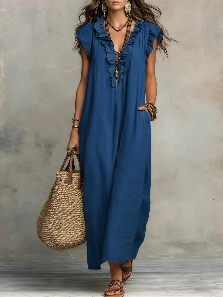 Sophie | Women's Ruffle V-Neck Flutter Sleeve Linen Maxi Dress