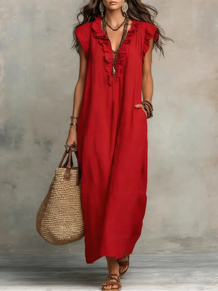 Sophie | Women's Ruffle V-Neck Flutter Sleeve Linen Maxi Dress