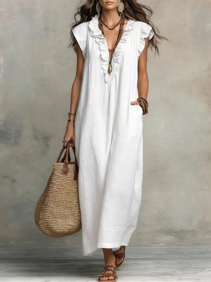Sophie | Women's Ruffle V-Neck Flutter Sleeve Linen Maxi Dress