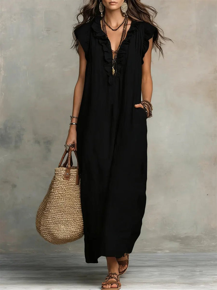 Sophie | Women's Ruffle V-Neck Flutter Sleeve Linen Maxi Dress