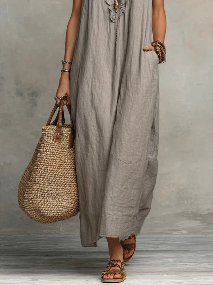Sophie | Women's Ruffle V-Neck Flutter Sleeve Linen Maxi Dress