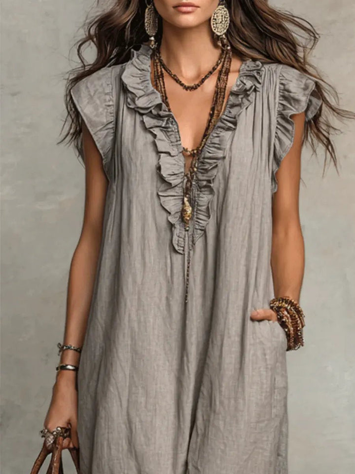 Sophie | Women's Ruffle V-Neck Flutter Sleeve Linen Maxi Dress