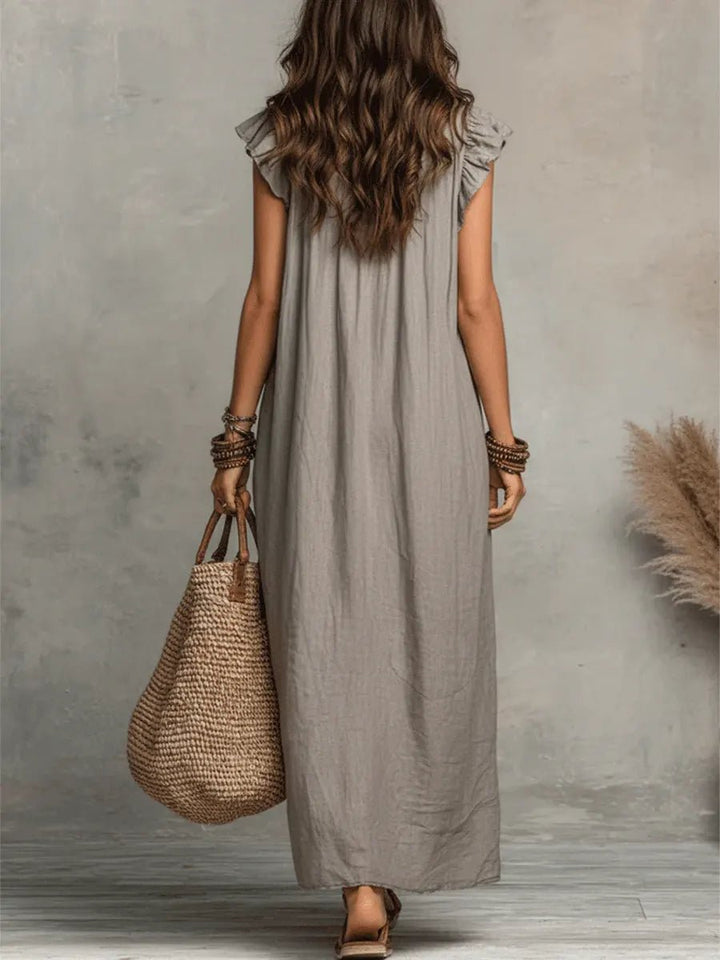 Sophie | Women's Ruffle V-Neck Flutter Sleeve Linen Maxi Dress
