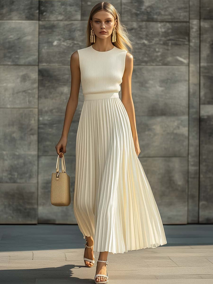 Ava | Women's Sleeveless Ribbed Knit Pleated Chiffon Maxi Dress