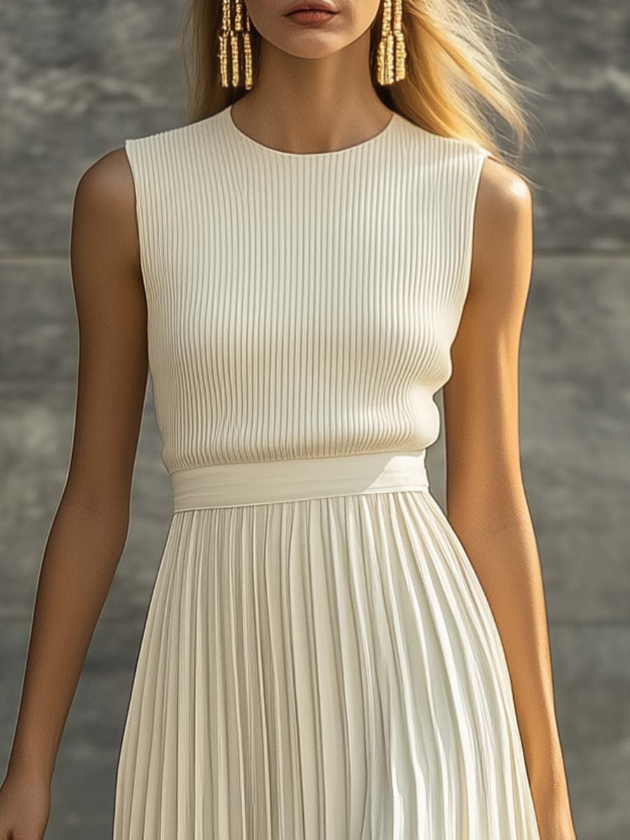 Ava | Women's Sleeveless Ribbed Knit Pleated Chiffon Maxi Dress